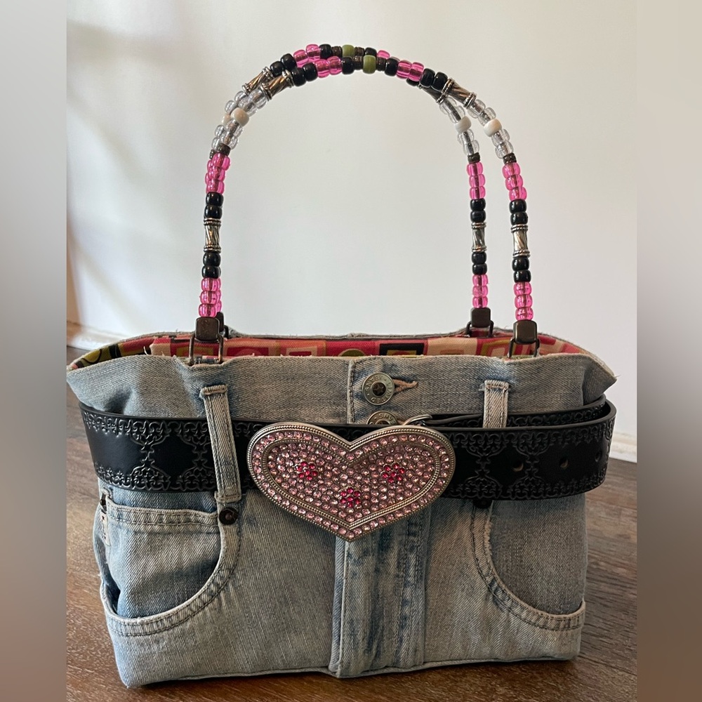Beaded Handle Denim Heart Y2K Booty Bag